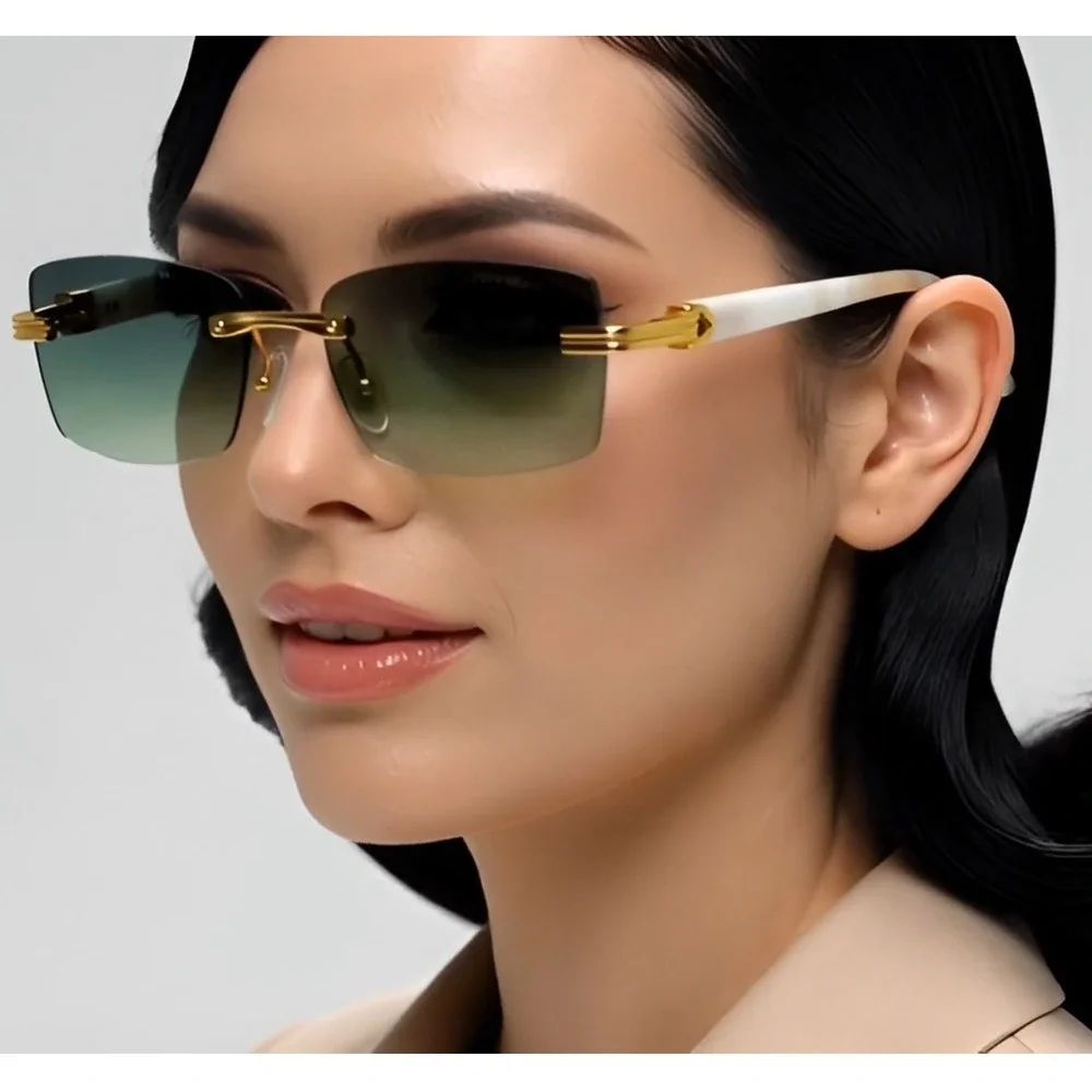 Rimless Rectangle Sunglasses Vintage Style Gold Frame Horn Rim Fashion Women New